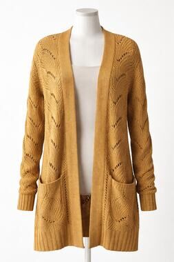 SO Open Knit Cardigan brown Mustard Long Sleeve Open Front oversized Medium